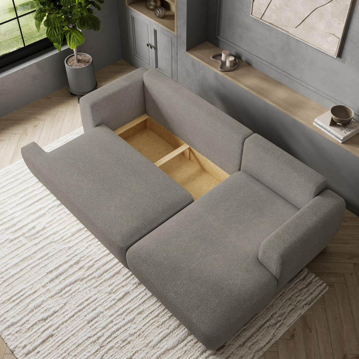 ECKSOFA SENTI N R-S Hellgrau Boucle-Stoff mit Schlaffunktion - Hellgrau, Holz (246/148cm) - MASSENO