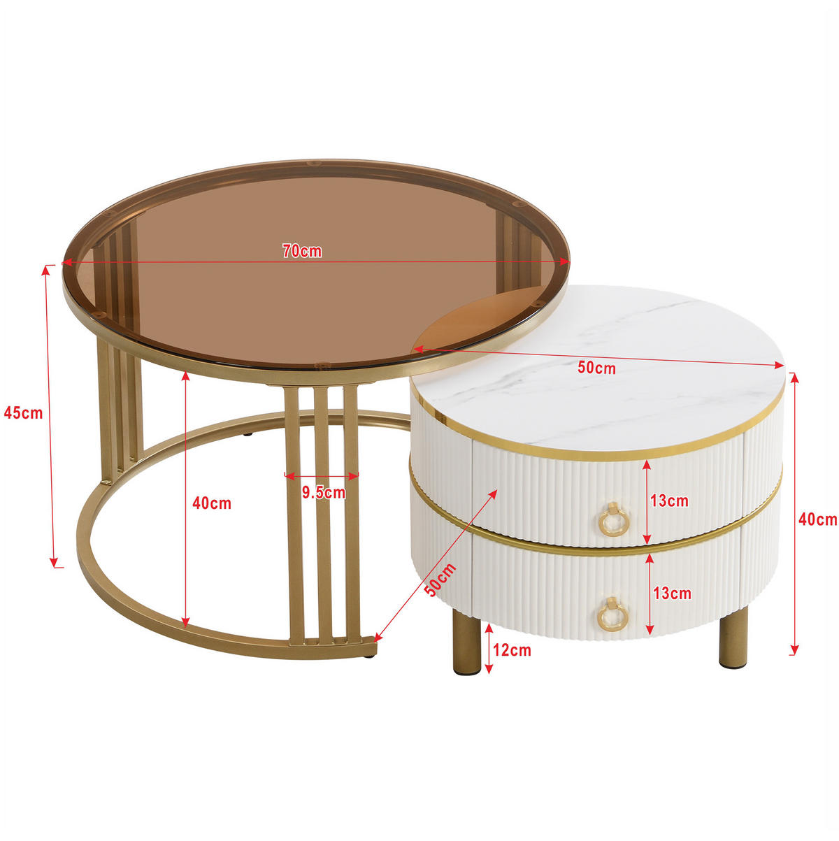 COUCHTISCH-SET 70/70/45 + 50/50/40 cm mit 2 Schubladen und Glasplatte - Weiß, Holzwerkstoff (70/70/45cm) - Flora Grace