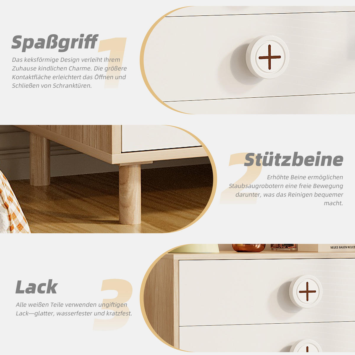 KINDER-NACHTTISCH in Weiß Schlafzimmerkommode mit Schubladen und Stützen für Schlafzimmer, B80/T54/H90cm - Naturfarben/Weiß, Holzwerkstoff (80/90/54cm) - STILVORA