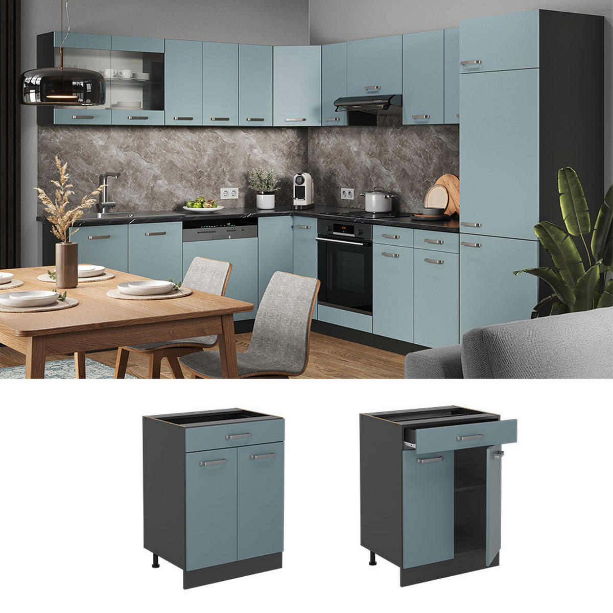 KÜCHENUNTERSCHRANK R-Line Blau-Grau 60 cm, AP Anthrazit - Anthrazit/Blaugrau, Holzwerkstoff (60/81.6/60cm) - Vicco