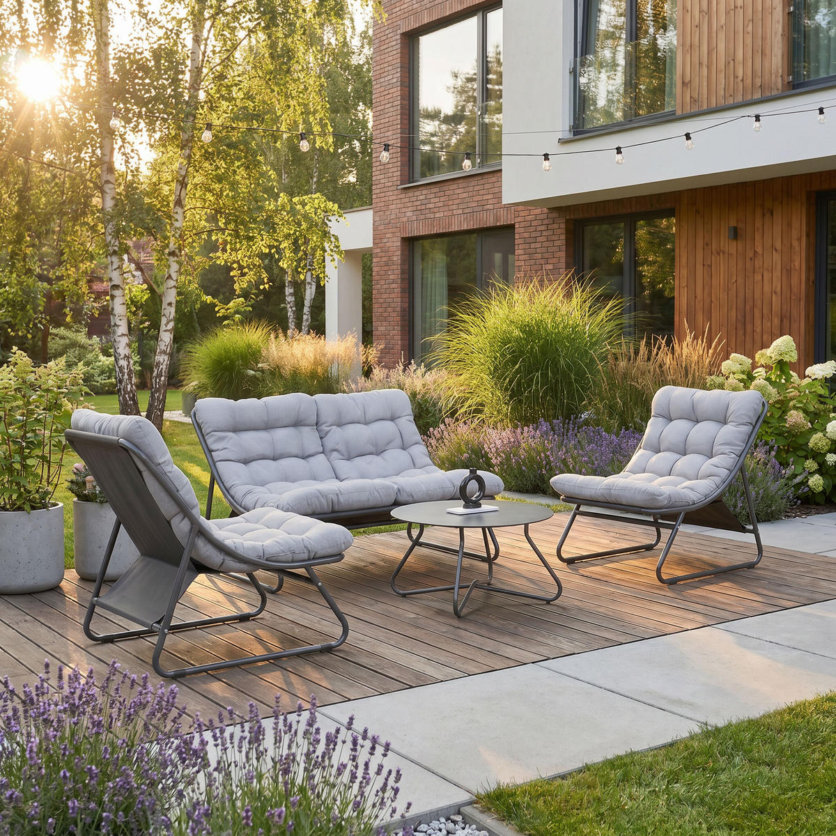 GARTENSET Solaro , aus Metall, 2 Sessel + 2-Sitzer Sofa + Couchtisch, Hellgrau - Hellgrau, Metall - Beautysofa