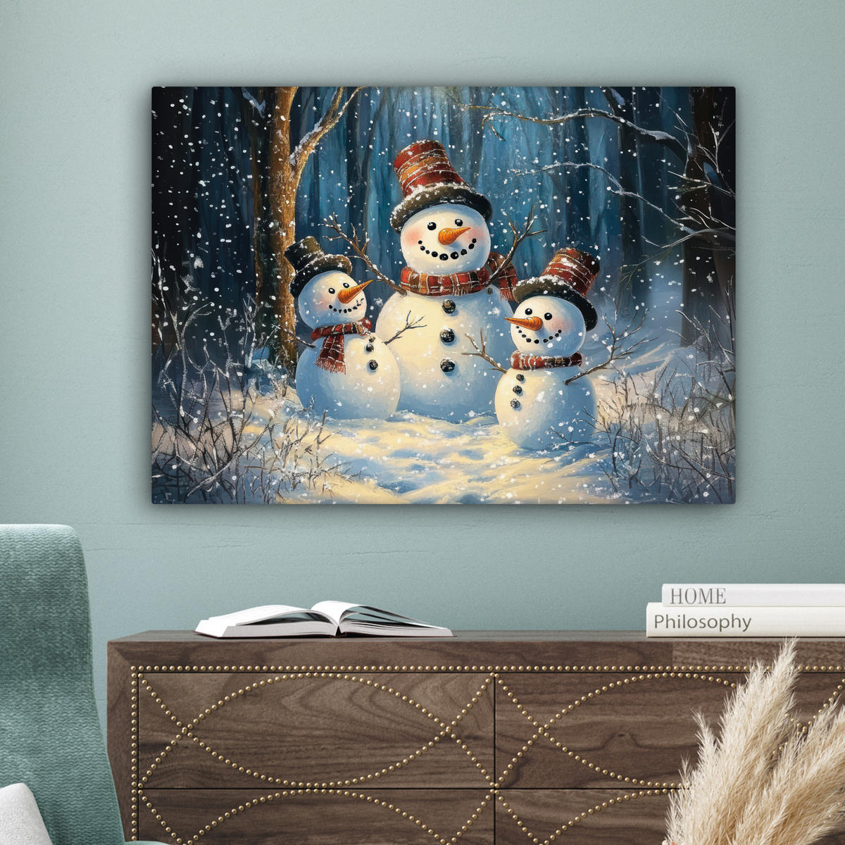 LEINWANDBILD Schneemann - Schnee - Winter - Wald Wandbilder 80x60 cm - Hellblau, Textil (80/60cm) - MuchoWow