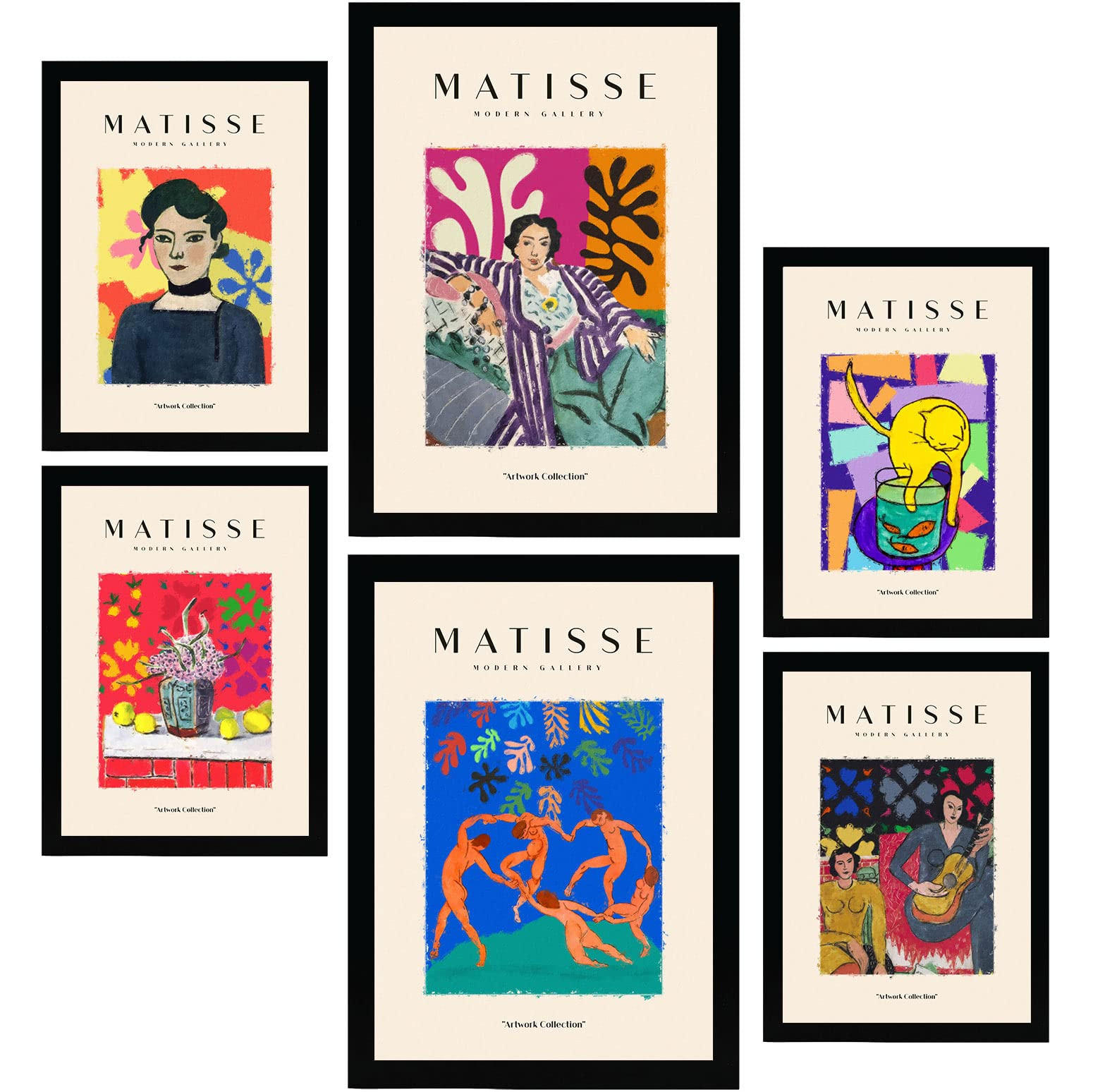 POSTER Set Mit 6 Henri Matisse Feier Drucke Des Fauvismus Und Der Abstrakten Kunst Für Innenarchitektur A3 & A4 Schwarzer Rahmen - Schwarz, Papier (29/3cm) - Nacnic