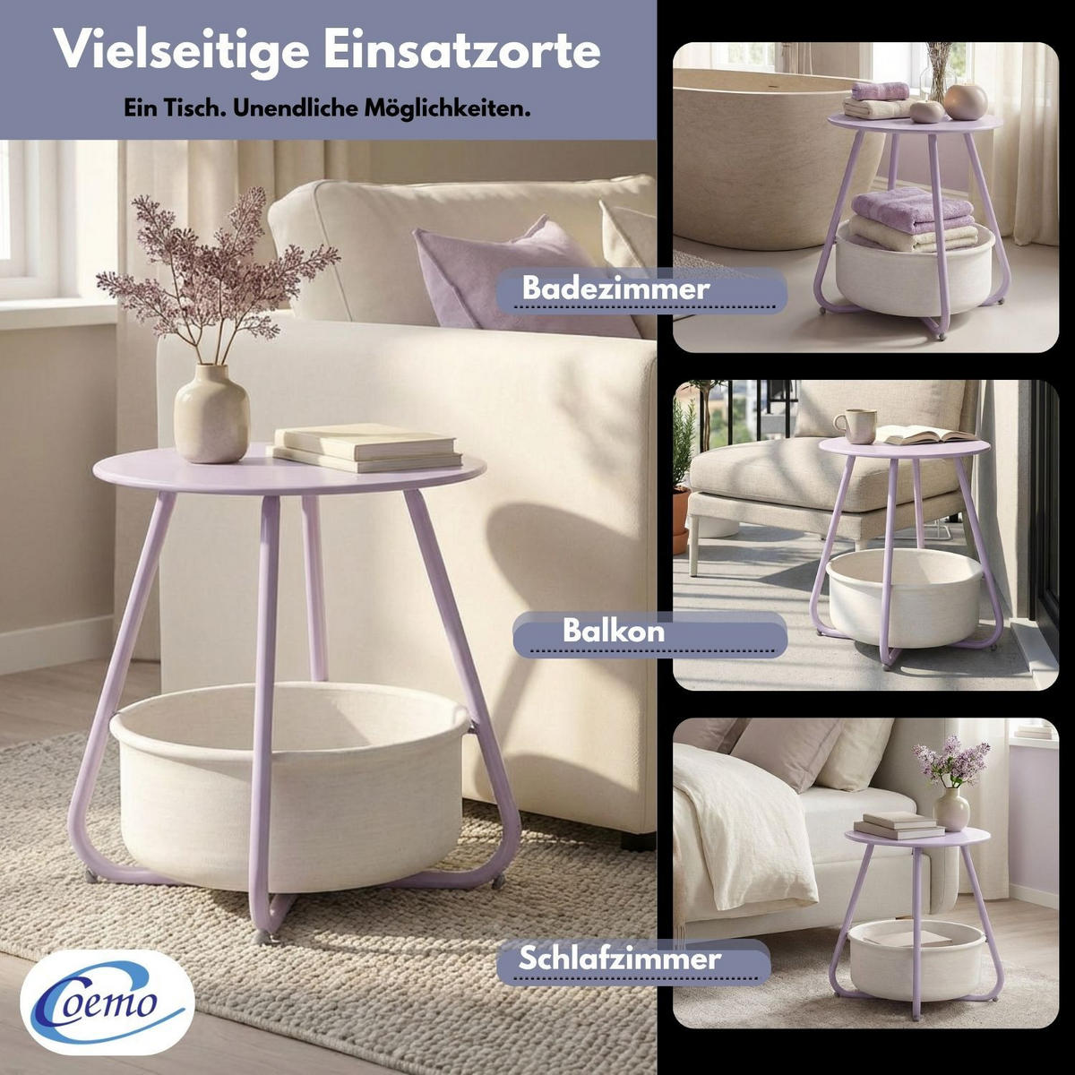 COUCHTISCH KOSI Metall mit Aufbewahrungskorb Canvas Lila - Lila, Metall (50/50/45cm) - Coemo