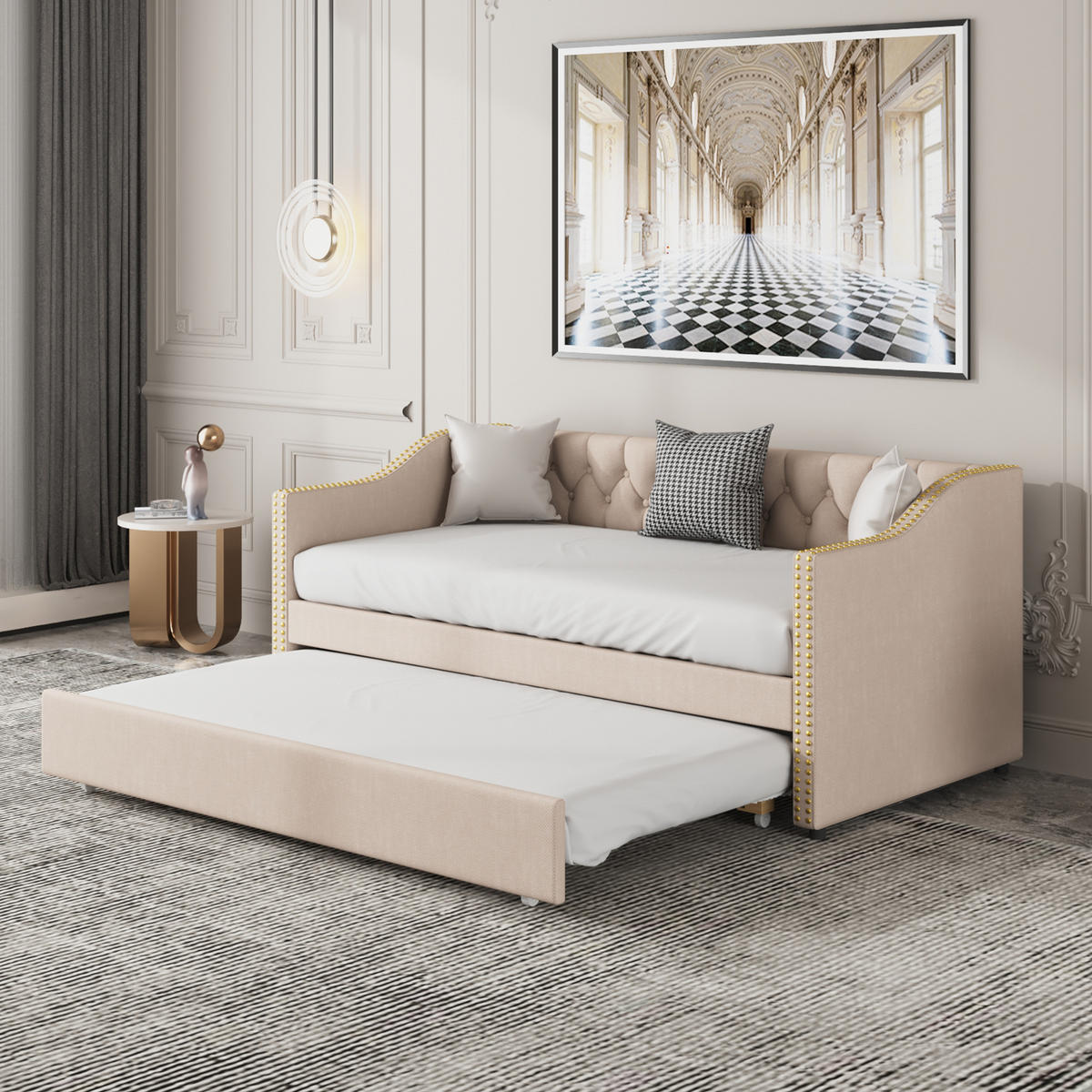 POLSTERBETT 90x200 cm ausziehbar Leinen Kinder grau - Beige, Holz (90/200cm) - Fortuna Lai
