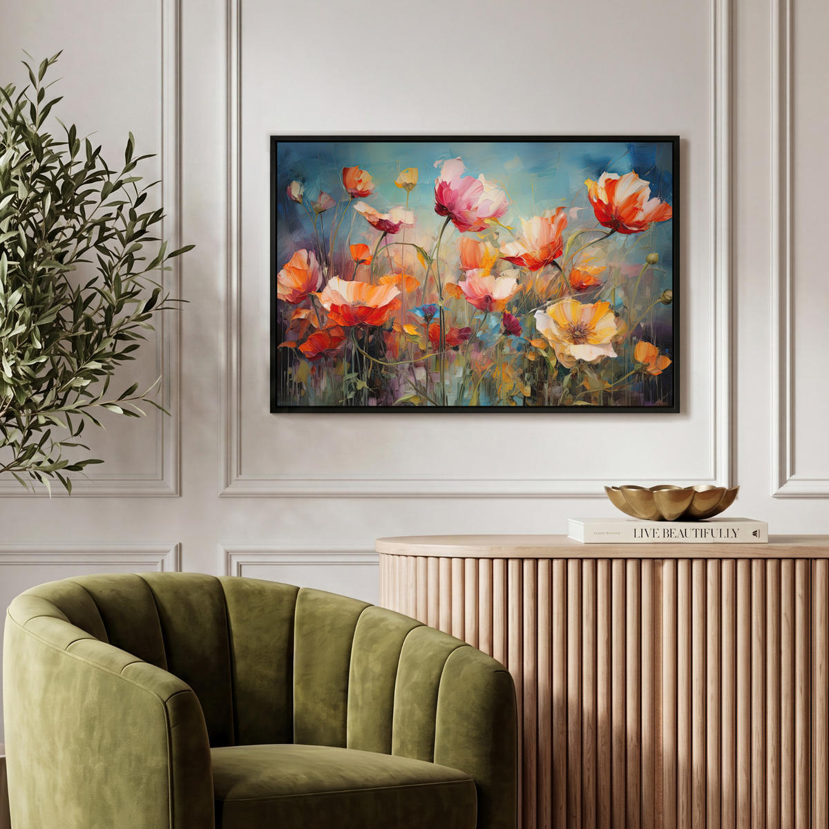 LEINWAND Bilder mit Rahmen - Blumen - Aquarell - Kunst - Botanisch - Natur - 60x40 - Orange, Textil (60/40cm) - MuchoWow