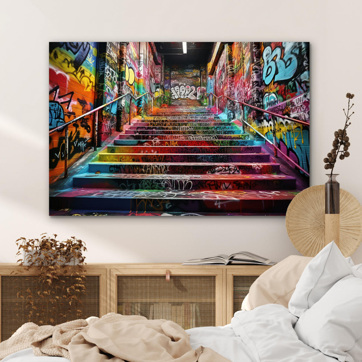 METALLBILD Treppe - Graffiti - Farben - Kunst 90x60 cm - Multicolor, Metall (90/60cm) - MuchoWow