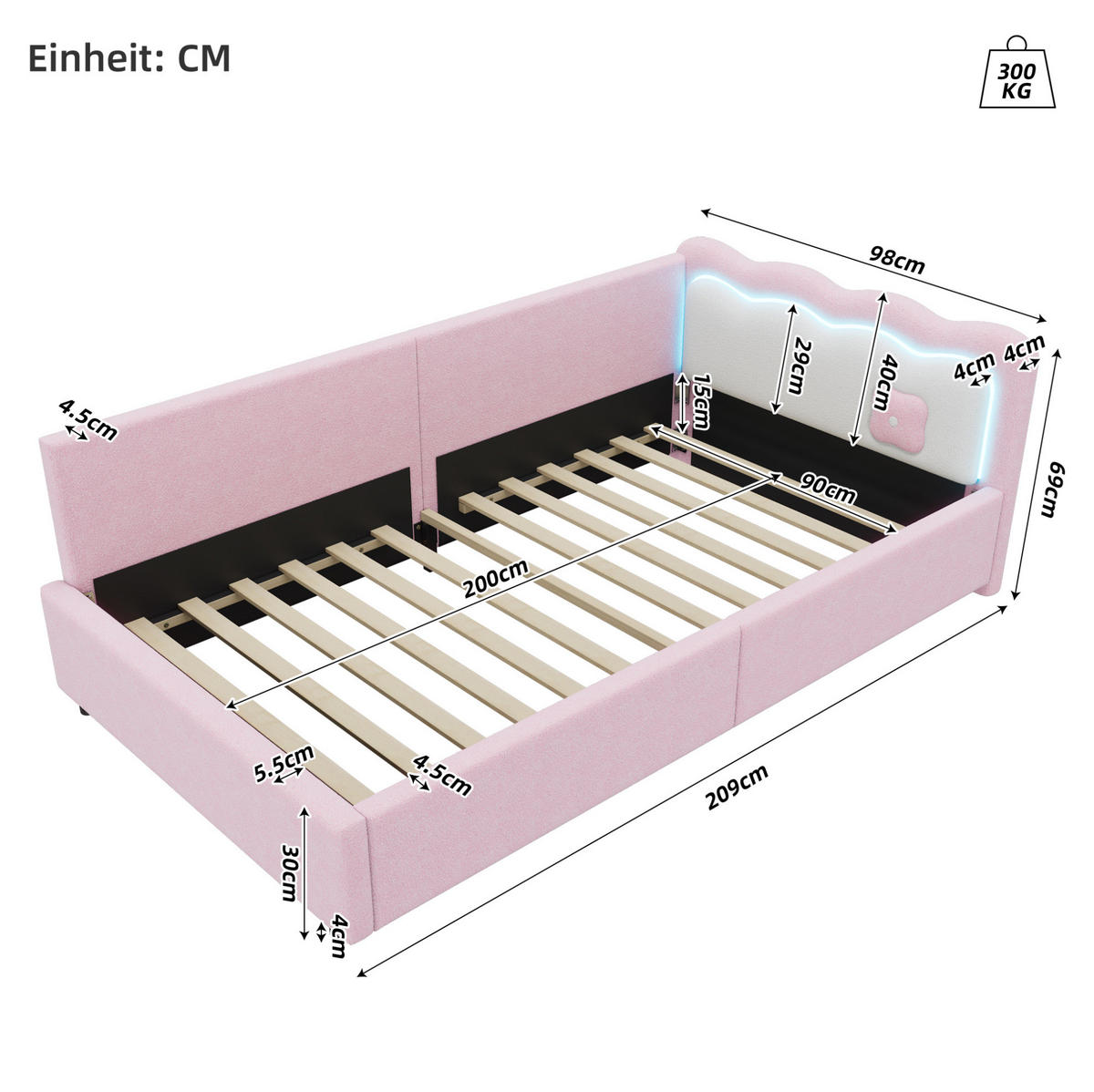 BETT mit Kopfteil 90/200 cm in Rosa – mit LED-Beleuchtung und Lattenrost - Rosa, Textil (90/200cm) - BEAOK