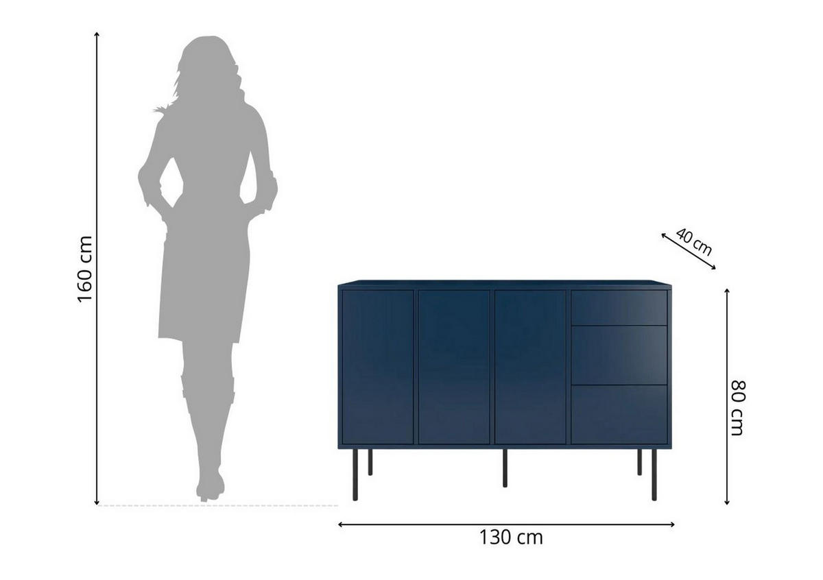 SIDEBOARD Mirka, Marinblau, Push to Open System, Minimalistisch - Schwarz/Dunkelblau, Holzwerkstoff/Metall (130/80/40cm) - Dancan