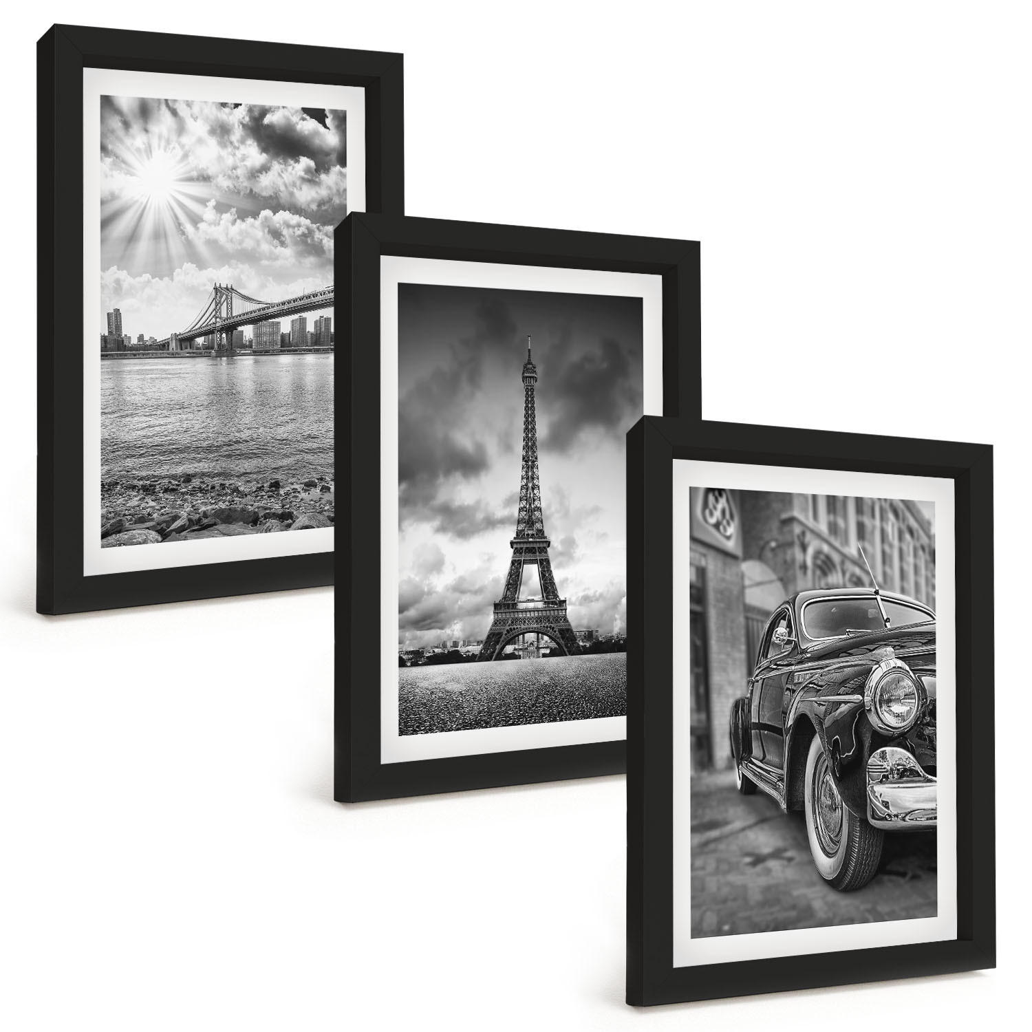 BILDER SET 3er Set - 20x30 cm Schwarzer Rahmen - Stadtansichten, Brücken, Eiffelturm - Schwarz, Kunststoff (20/30cm) - TULUP