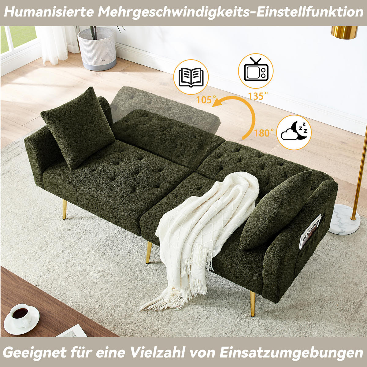 SCHLAFSOFA 177/78/74 cm in Green Teddyfell mit Aufbewahrungstasche - Grün, Textil (177/74/78cm) - Oxeza
