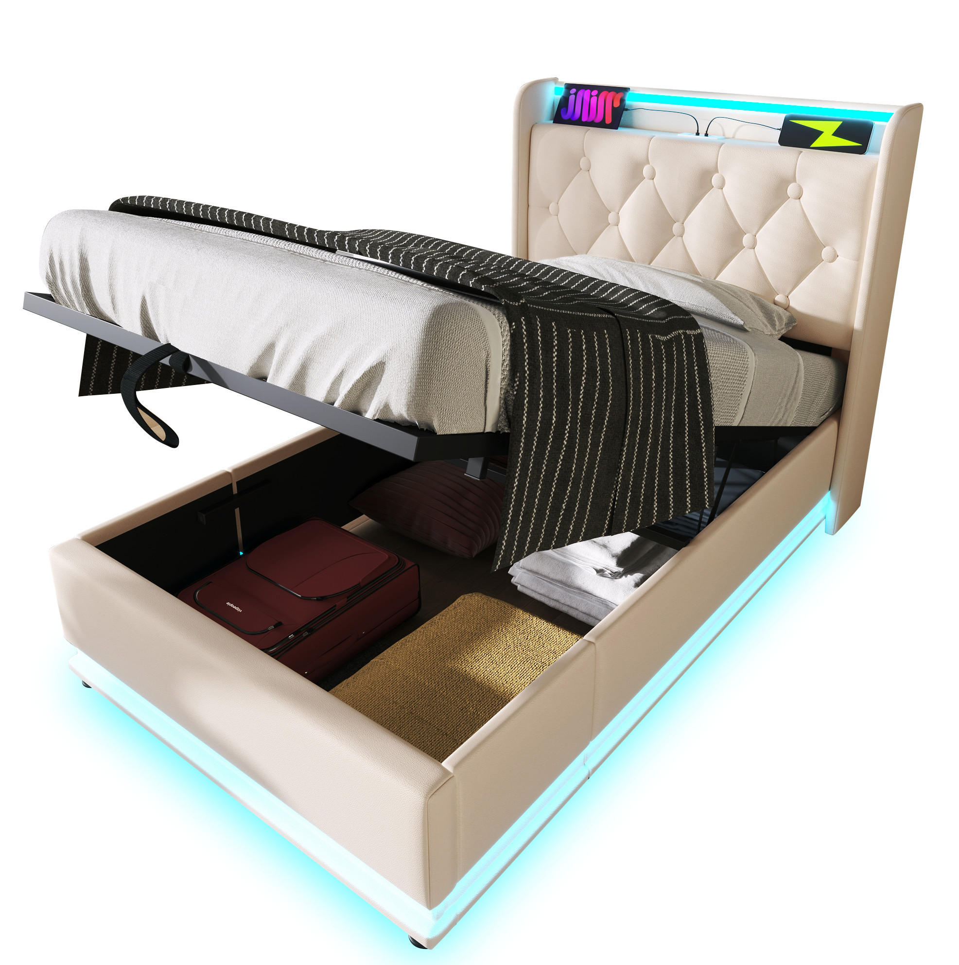 POLSTERBETT mit LED-Beleuchtung 90/200 cm mit Bettkasten und USB in Weiß - Weiß, Kunststoff (90/200cm) - BEAOK