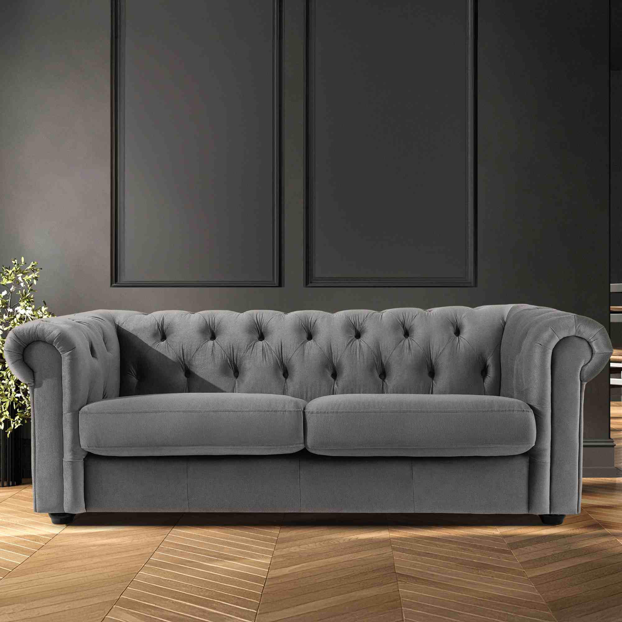 Thumbnail - Konsimo® 3-Sitzer-Sofa, Grau, Holz, Holzwerkstoff, Leder, 202x72x95 cm, Wohnzimmer, Sofas & Couches, Sofas, Chesterfield...