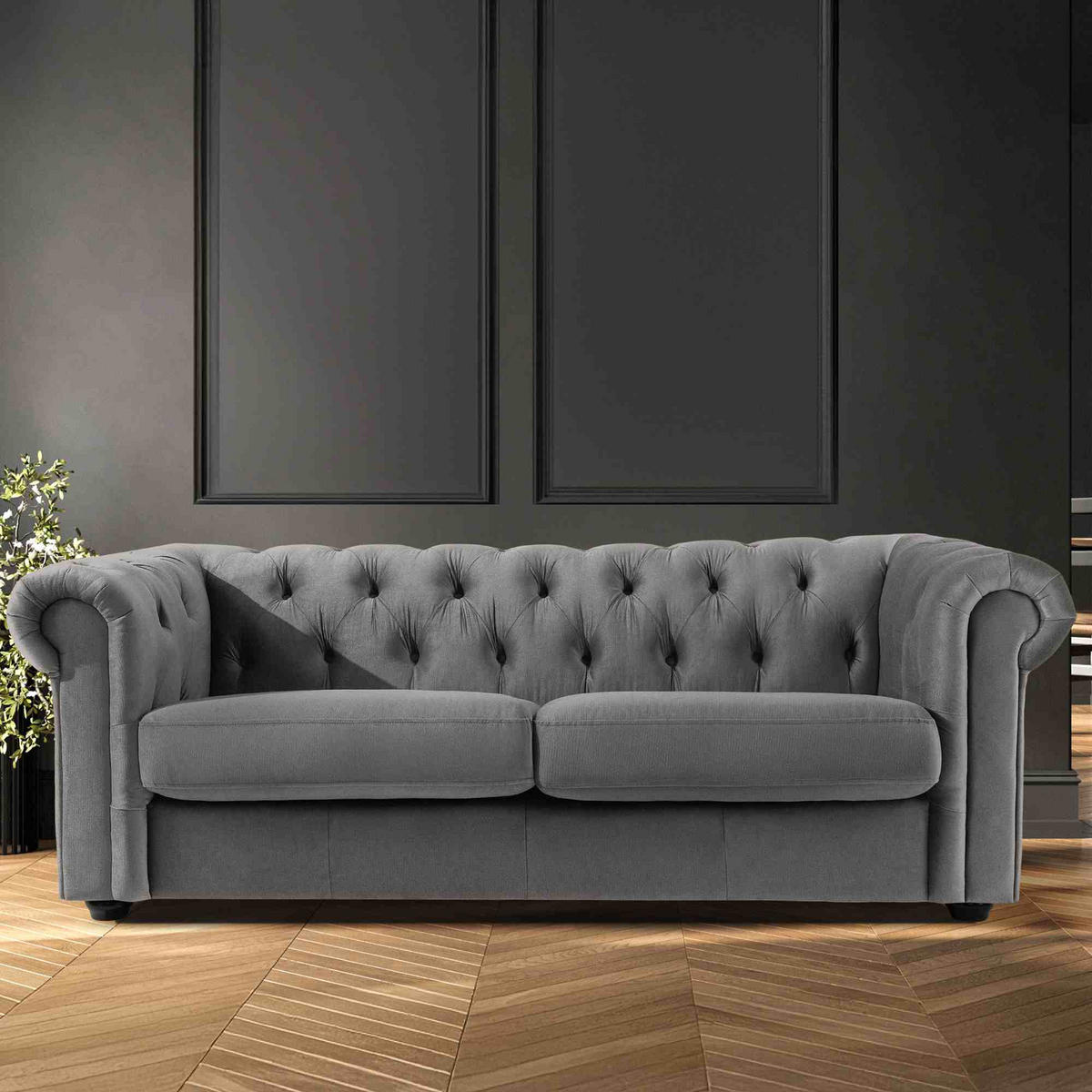 3-SITZER-SOFA GRAVO Chesterfield, Velours - Wengefarben/Grau, Leder/Holz (202/72/95cm) - KONSIMO®