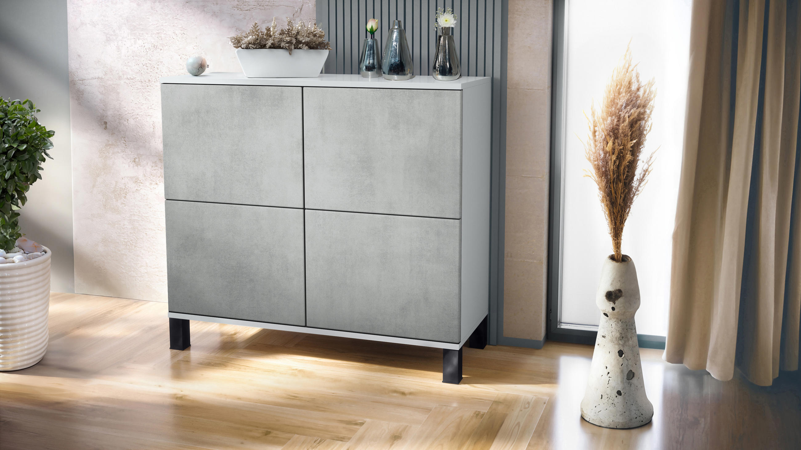 KOMMODE Rova Beton Oxid Optik - Hellgrau, Holzwerkstoff (92.5/84.5/35cm) - Vladon