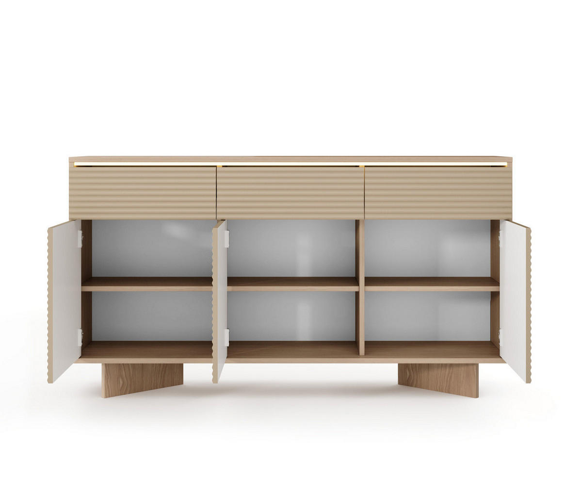 SIDEBOARD TORSANO (Bolivar Natur/Cappuccino, 3 Türen, 3 Schubladen, LED-Beleuchtung, Push-to-Open) - Eichefarben/Beige, Holz/Holzwerkstoff (154/84/40cm) - Ravio