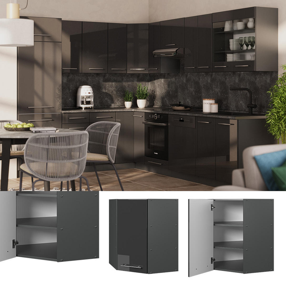 ROHOVÝ VĚŠÁK NA STĚNU Fame-Line Antracitový vysoký lesk - antracitová/vysoce lesklá černá, kompozitní dřevo (57/72/34.1cm) - Vicco