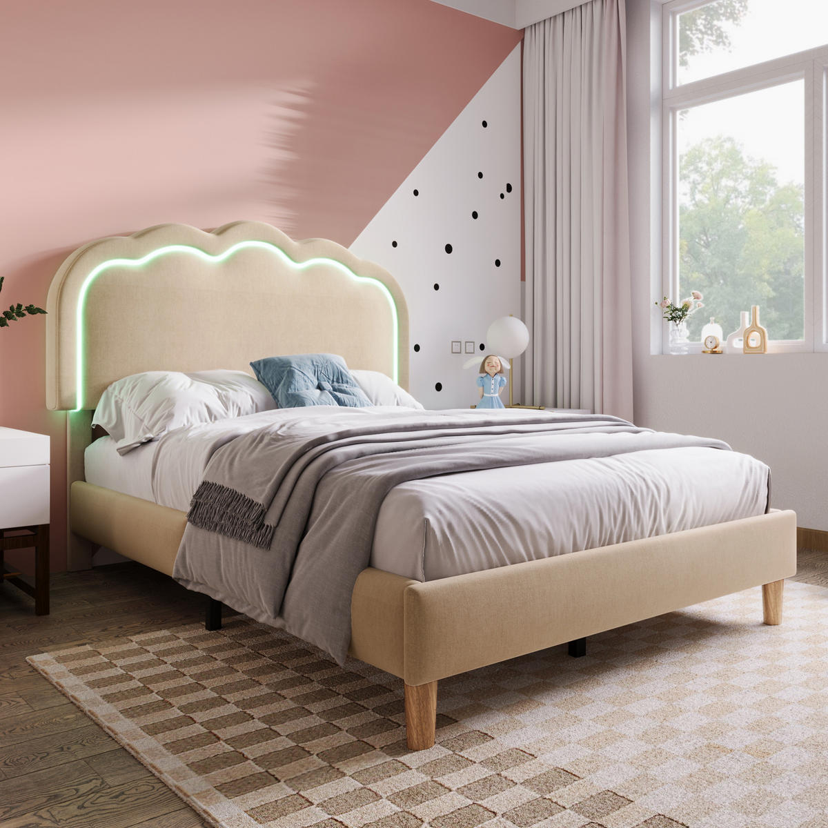BETT mit LED-Kopfteil 90x190 cm Leinen Beige - Beige, Metall (90/190cm) - Meubliv