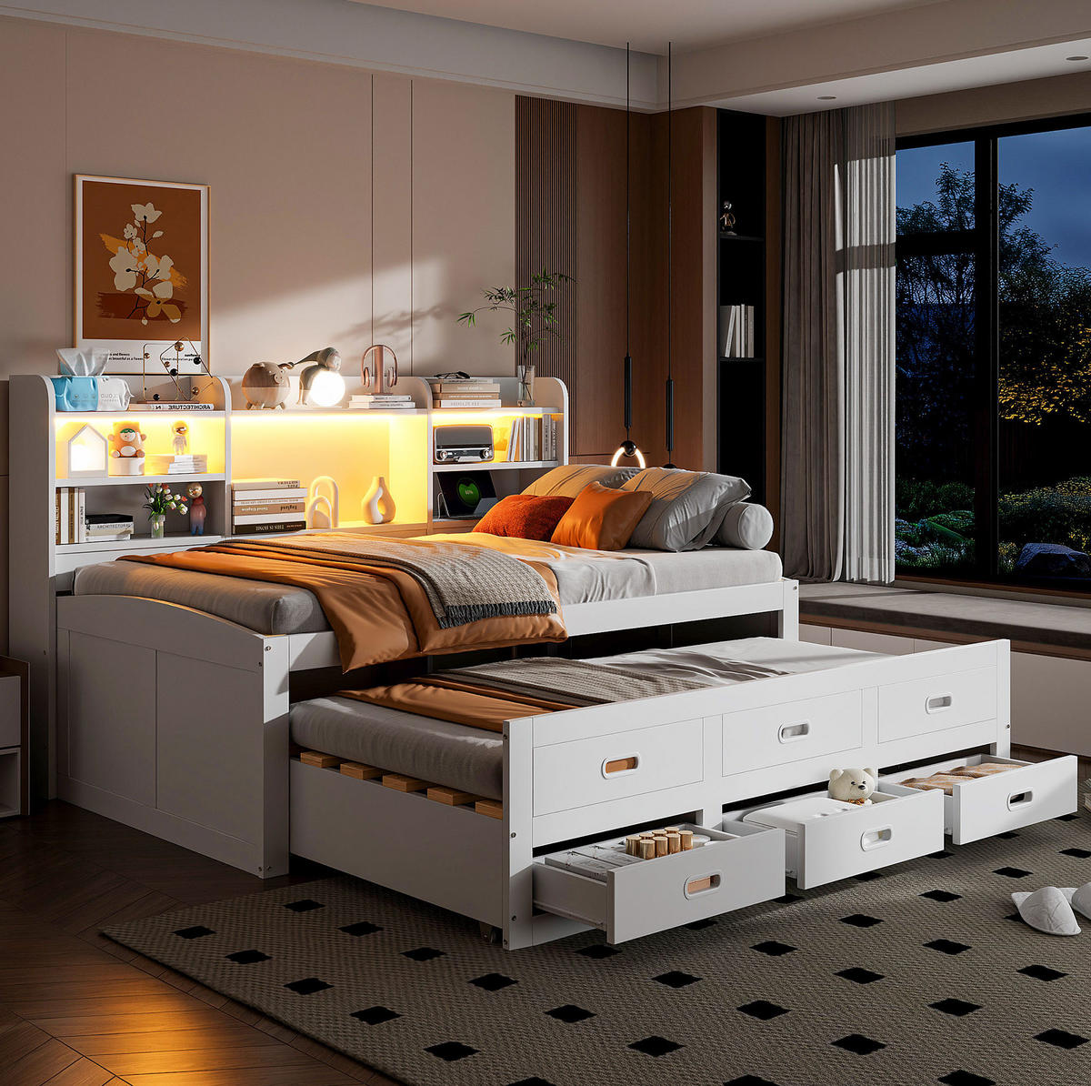 TAGESBETT 90/200 cm mit Ausziehbett, LED-Beleuchtung, USB-/Type-C-Anschluss und 3 Schubladen, Spanplatte/MDF, Weiß - Weiß, Holzwerkstoff (90/200cm) - Redom