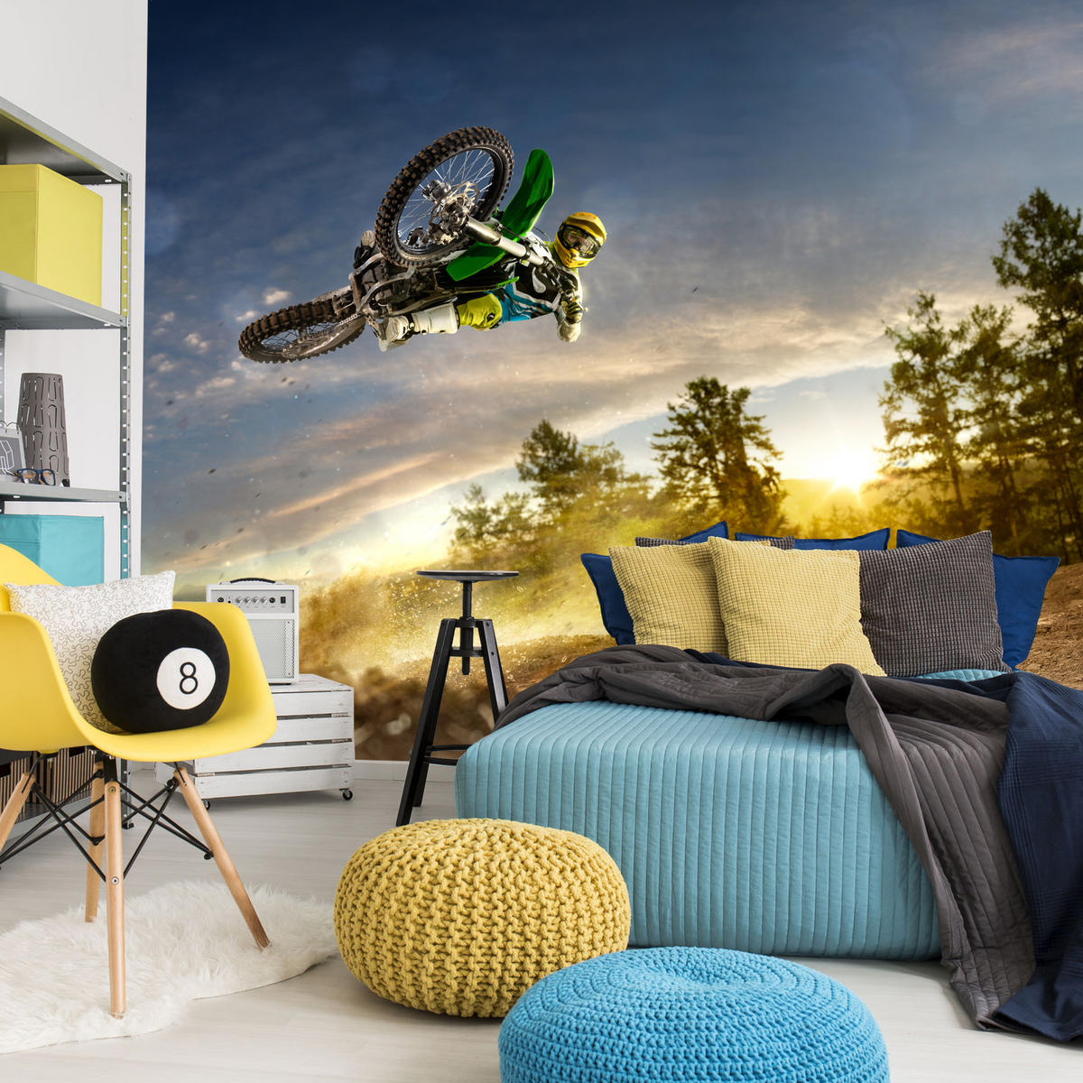FOTOTAPETE für Jugendzimmer Motocross Sprung Berge Bäume 500x350 - Gelb/Beige, Papier (500/350cm) - Muralo