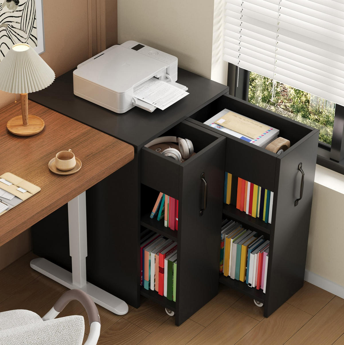 SIDEBOARD 52/50/75 cm Schwarz aus Spanplatte mit Rollen - Schwarz, Holzwerkstoff (50/75/52cm) - OKMYHOME