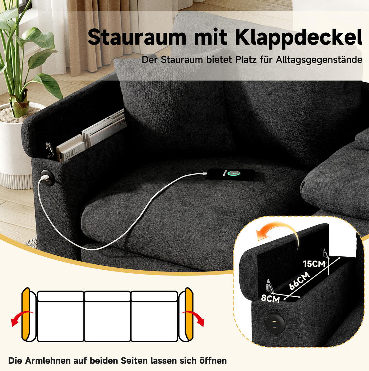 3-SITZER Sofa Chenille mit Klapptisch USB-Anschluss und Stauraum 242/80/88 cm Grau - Grau, Kunststoff/Textil (80/88/242cm) - Redom