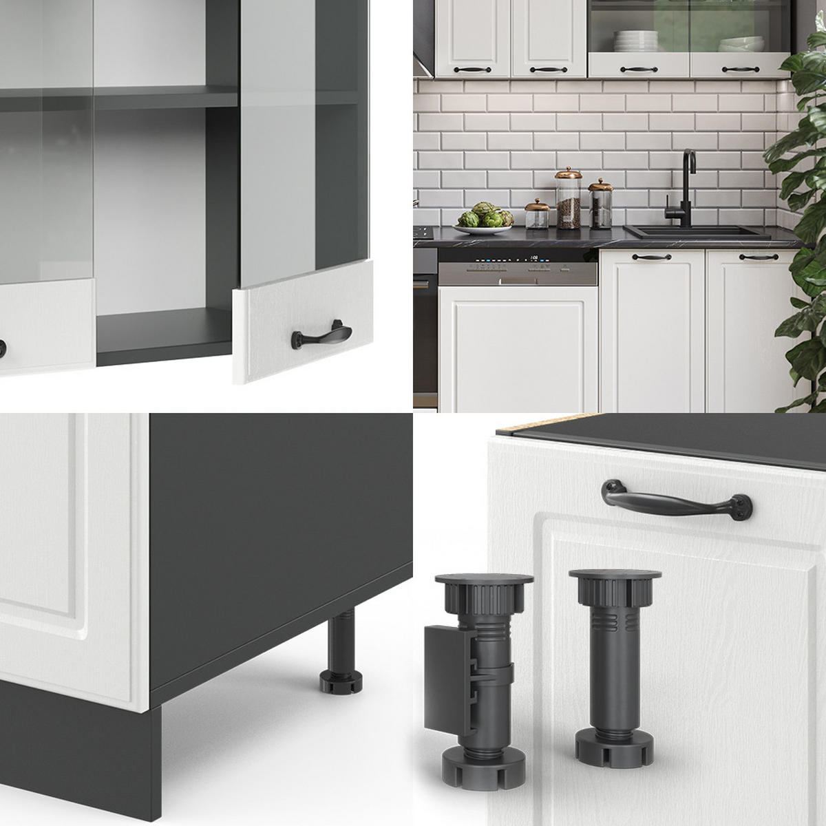 KÜCHENZEILE R-Line Weiß Landhaus/Anthrazit 300 cm, AP Eiche - Anthrazit/Creme, Holzwerkstoff (300/81.6/60cm) - Vicco