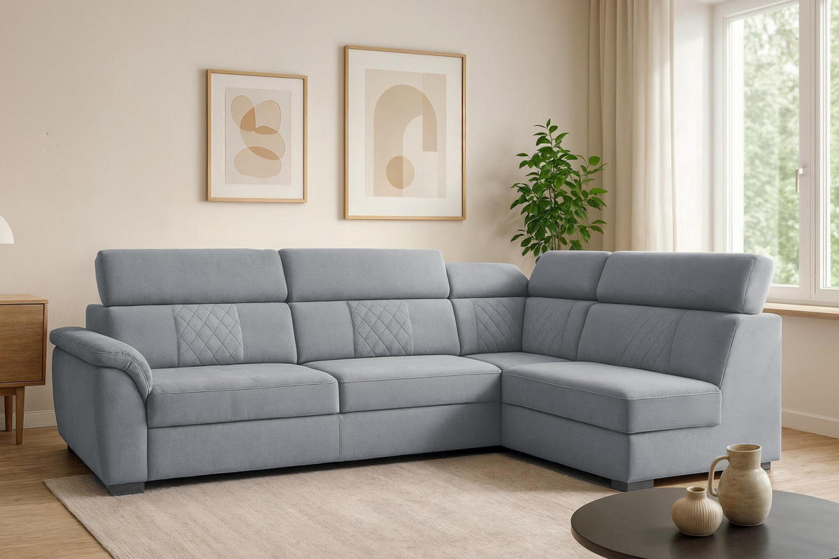 ECKSOFA Ravini Grau, mit Schlaffunktion und verstellbaren Kopfstützen, rechte seite - Grau, Holzwerkstoff (253/156cm) - Bettso