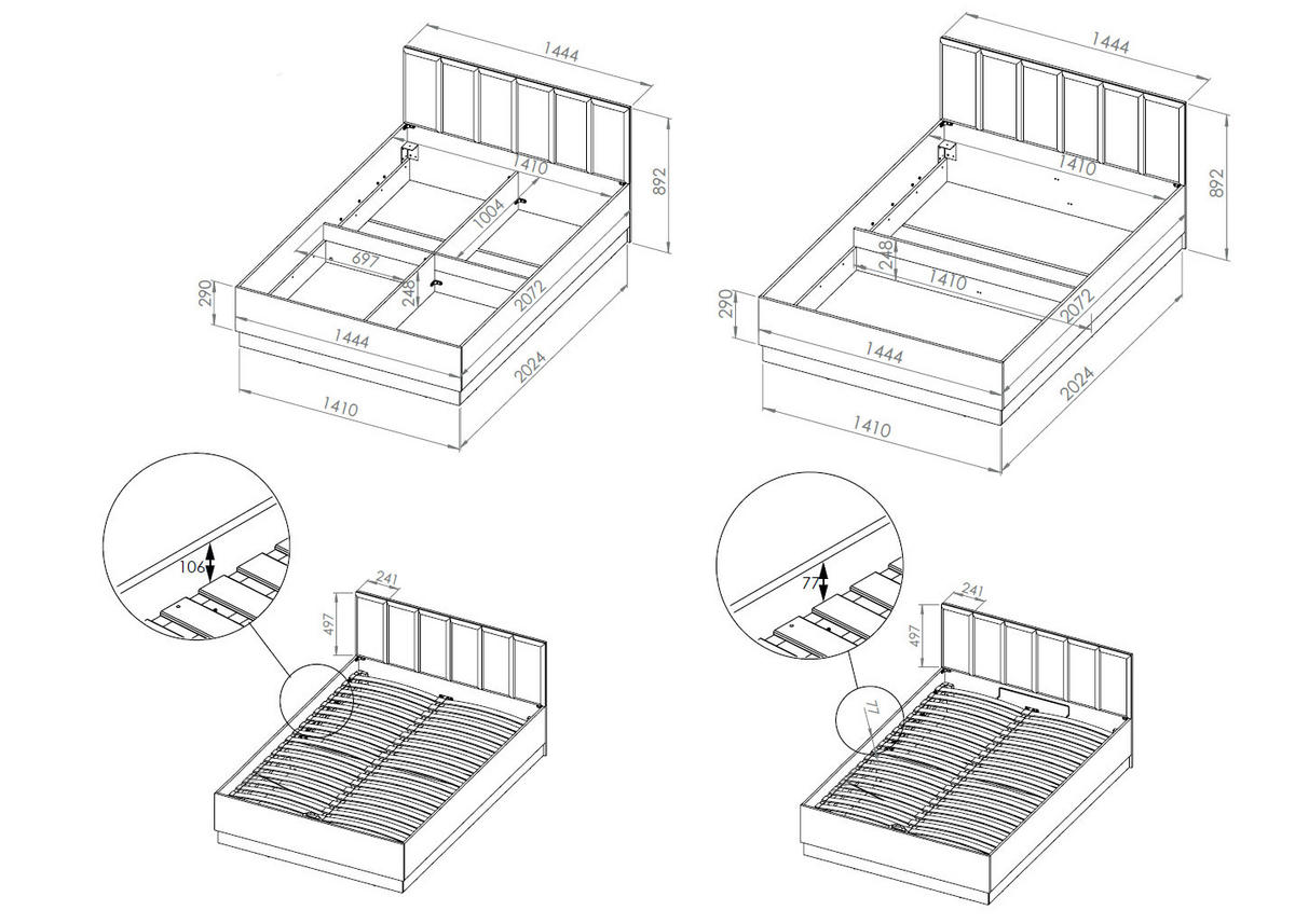 DOPPELBETT Urso Gold Craft Eiche / Schwarz 145 / 208 / 90 cm - Schwarz/Braun, Holz/Metall (140/200cm) - Feldmann-Wohnen
