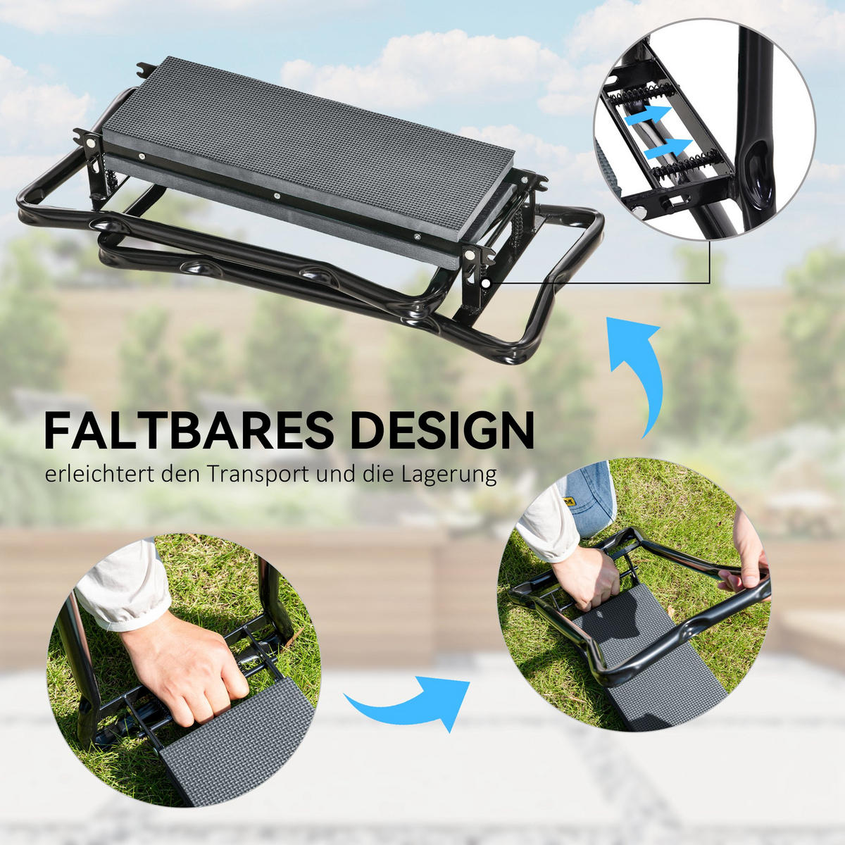 KNIEBANK für Gartenarbeit klappbar Gartenhocker mit Kniekissen Werkzeugtasche - Grau, Metall (28/49/58cm) - Outsunny