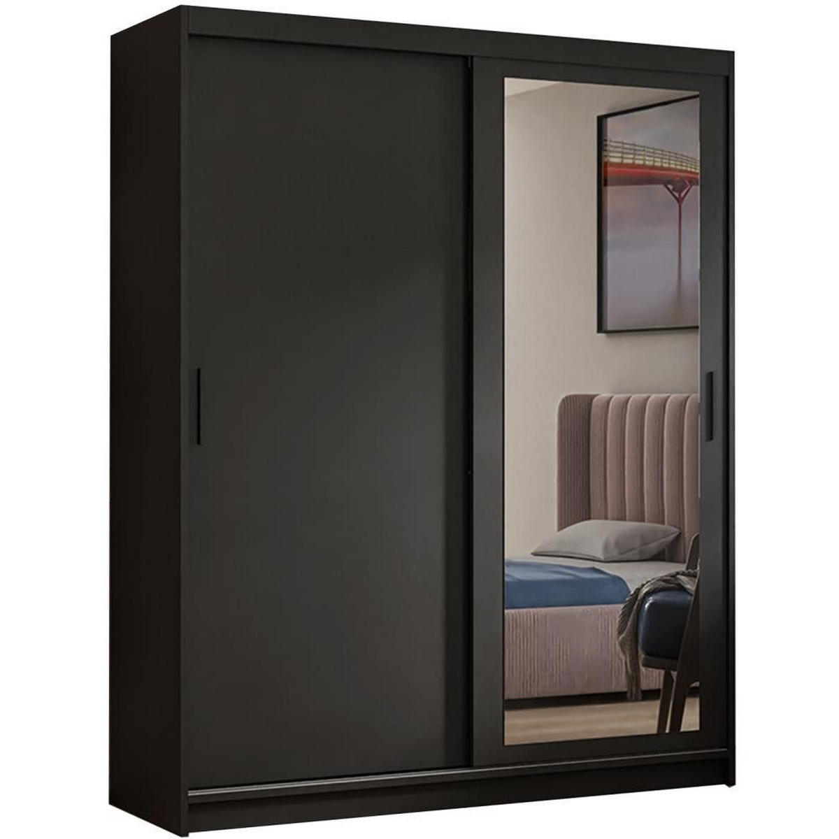 SCHWEBETÜRENSCHRANK Hela 100/205/60 2-türig schwarz mit Spiegel - Schwarz, Holzwerkstoff (100/205/60cm) - Beautysofa
