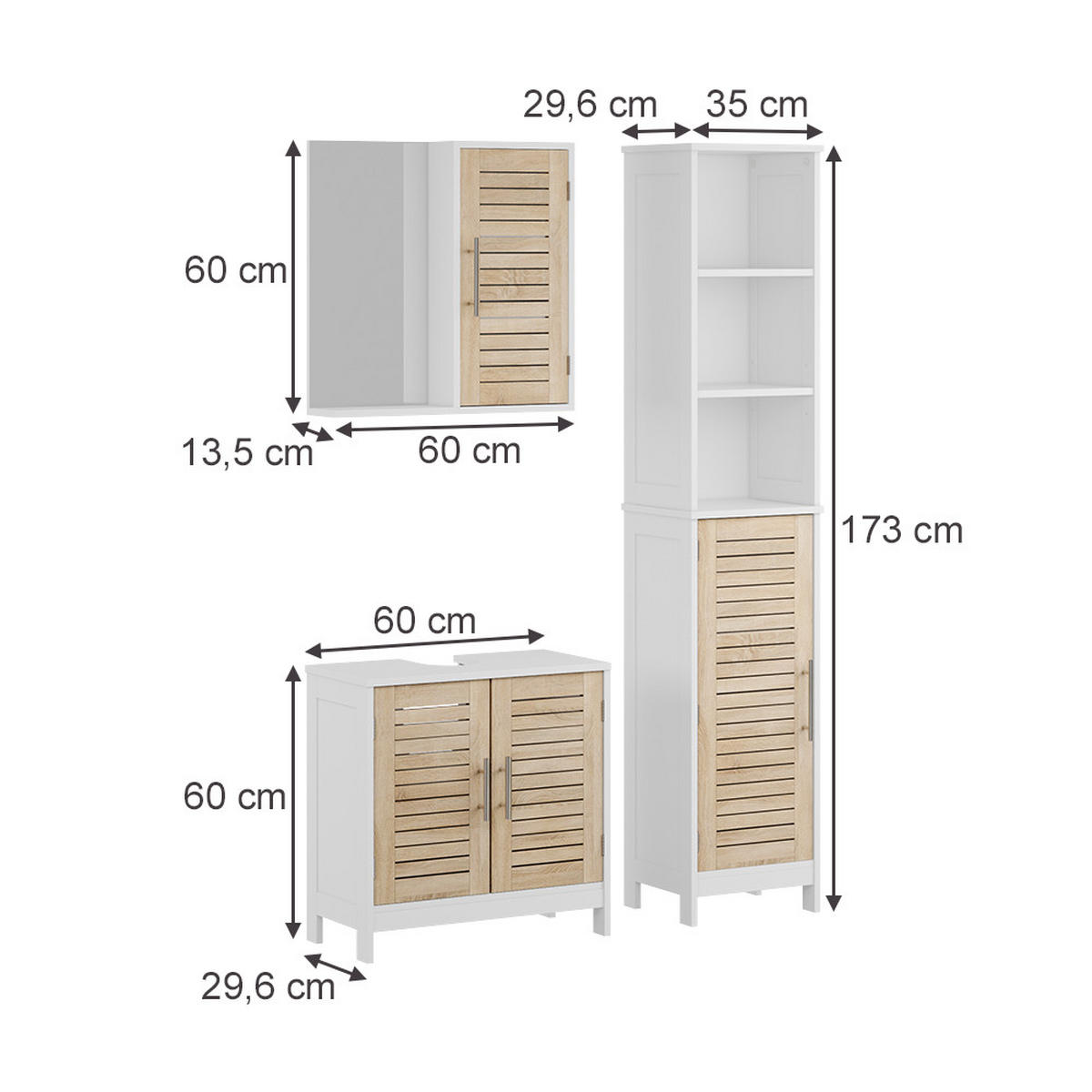 BADMÖBEL-SET Looma Weiß/Eiche 3 Teile - Weiß, Holzwerkstoff (60/60/29.6cm) - Vicco