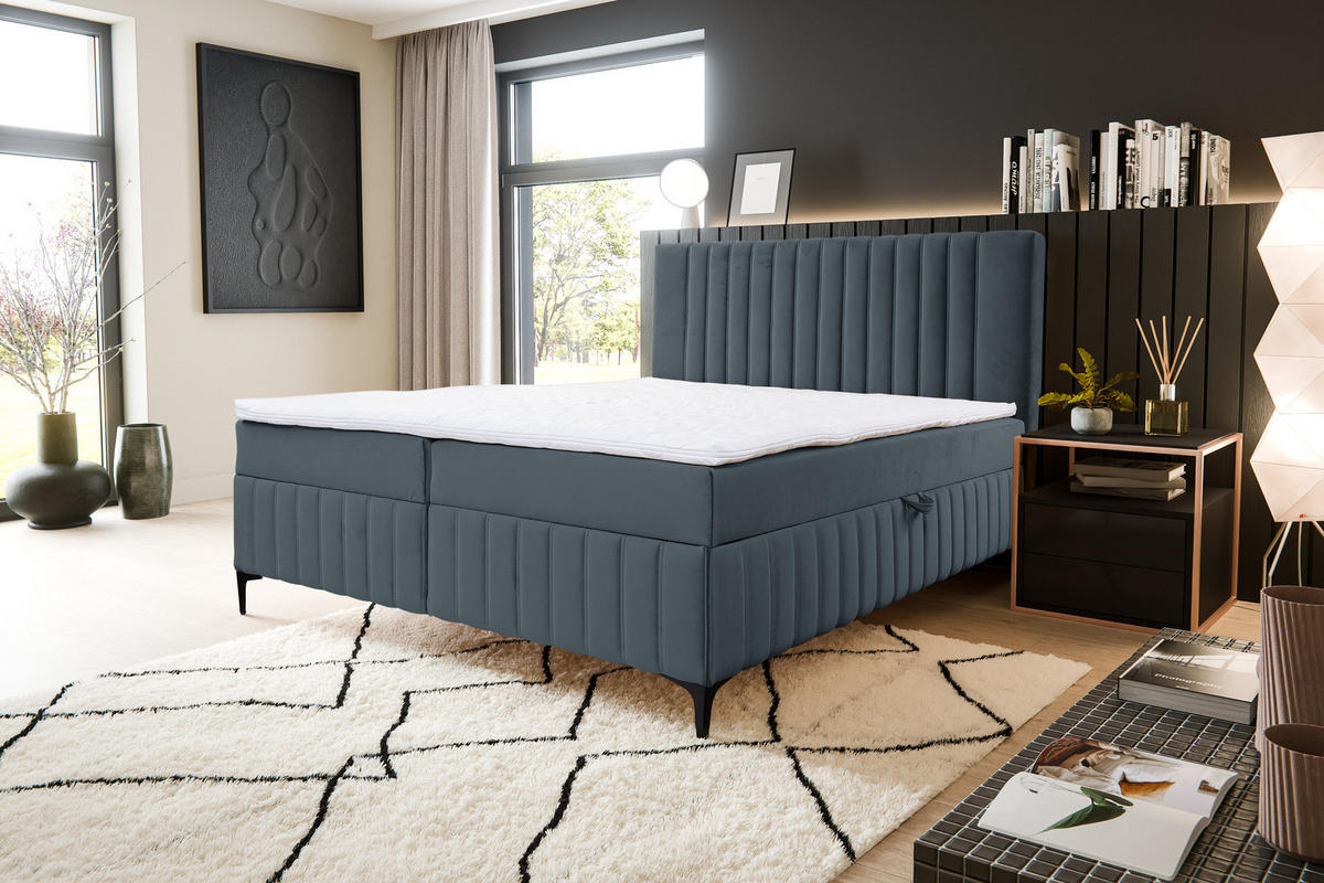 BOXBETT QUANT mit 2 Bettkästen, 160x200, Farbe: Dunkelgrau, Velourstoff, mit Bonell-Matratze inkl. Topper - Dunkelgrau, Holz/Kunststoff (160/200cm) - VENASI MÖBEL