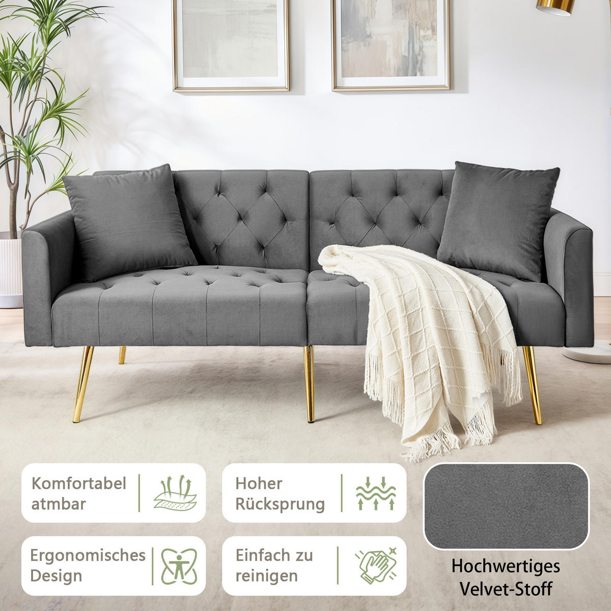 SCHLAFSOFA 177/78/74 cm in Gray Samt mit Aufbewahrungstasche - Grau, Textil (78/74/177cm) - Oxeza