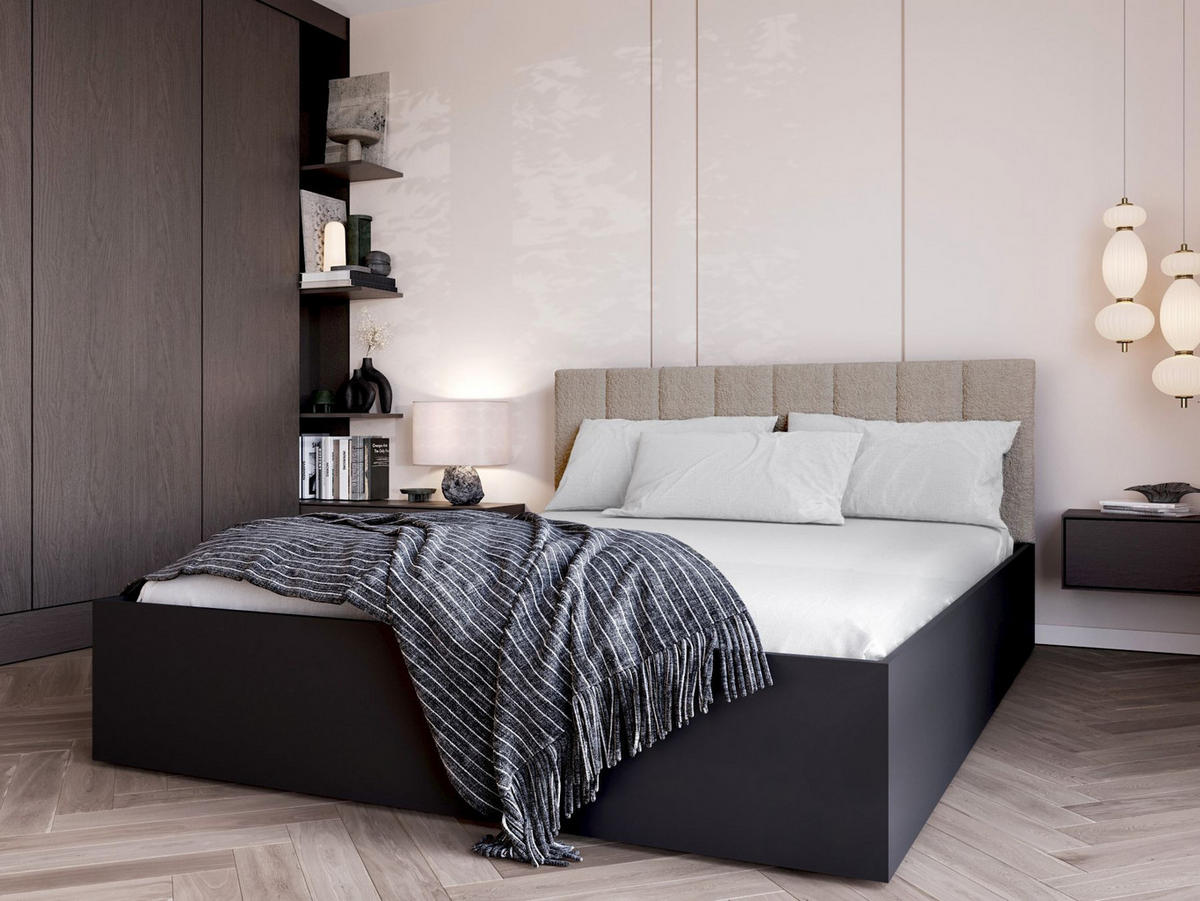 BETT Schwarz STYLE Mit Matratze Gepolsterter Beiger Kopfteil 120x200 cm - Beige, Textil (120/200cm) - Sepro Meble