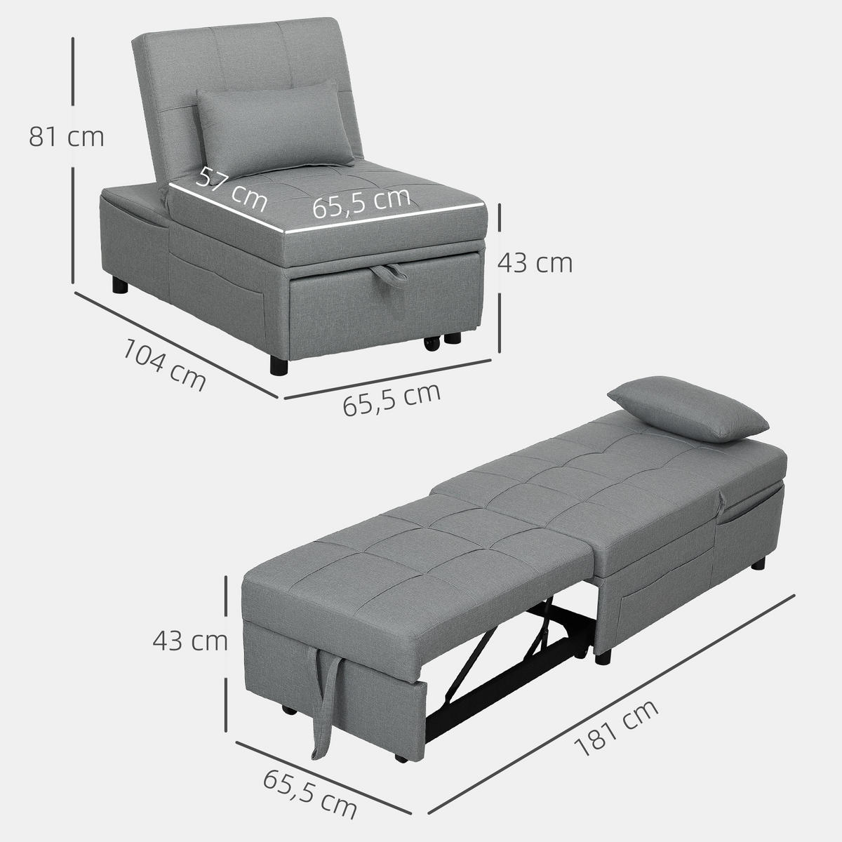 SCHLAFSESSEL 3-in-1, mit Bettfunktion, Hellgrau - Hellgrau, Textil (65.5/81/104cm) - HOMCOM
