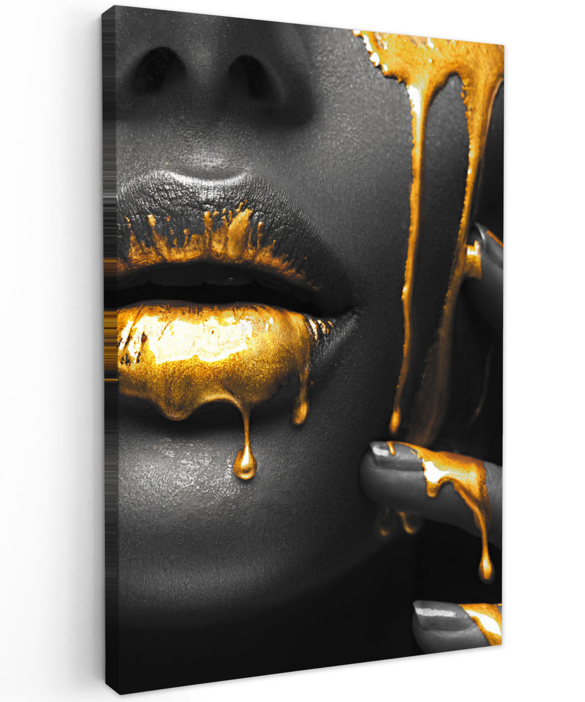 LEINWANDBILD Frau - Schwarz - Gold - Gesicht - Lippen 90x140 cm - Goldfarben, Textil (90/140cm) - MuchoWow