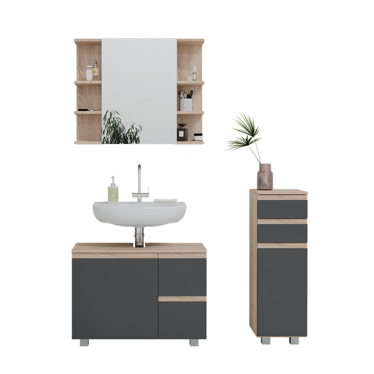 BADMÖBEL-SET J-Shape Sonoma 3 Teile, mit Midischrank - Anthrazit/Sonoma Eiche, Holzwerkstoff (80/60/33cm) - Vicco