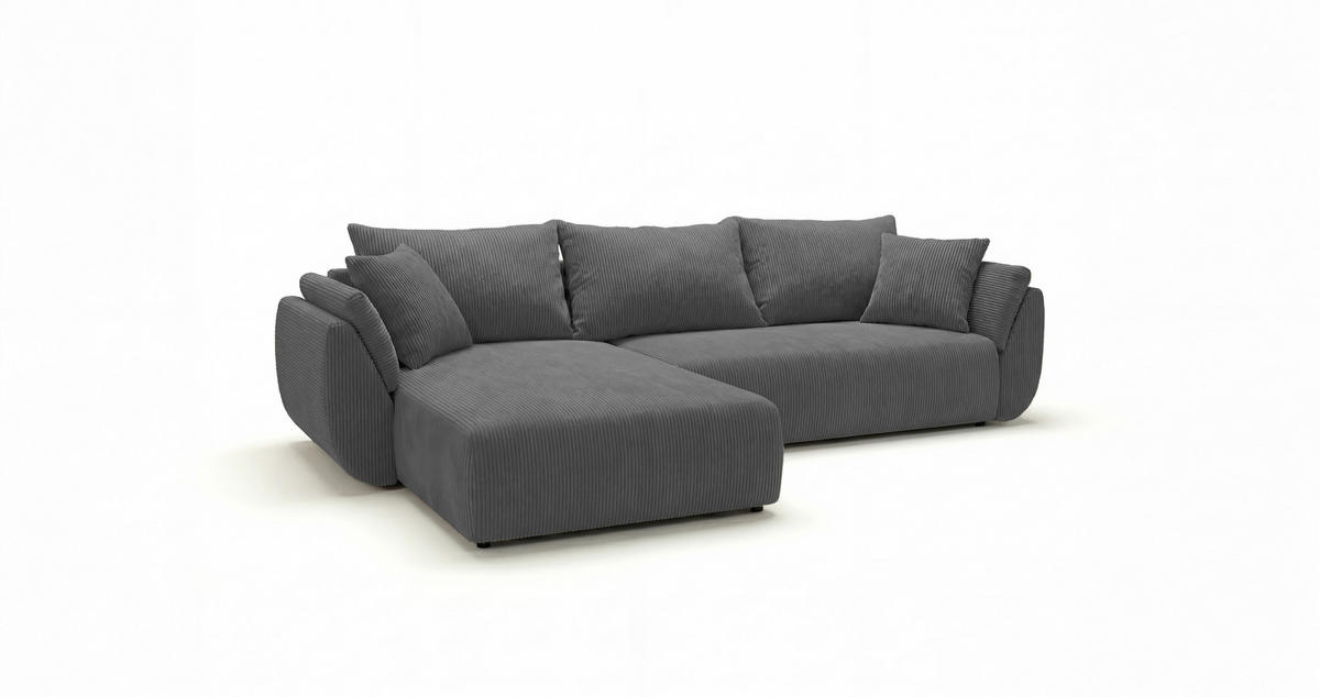 ECKSOFA SYDNEY links grau Cord Poso 55 - Schlaffunktion, Bettkasten - Grau, Textil (280/174cm) - Cornero