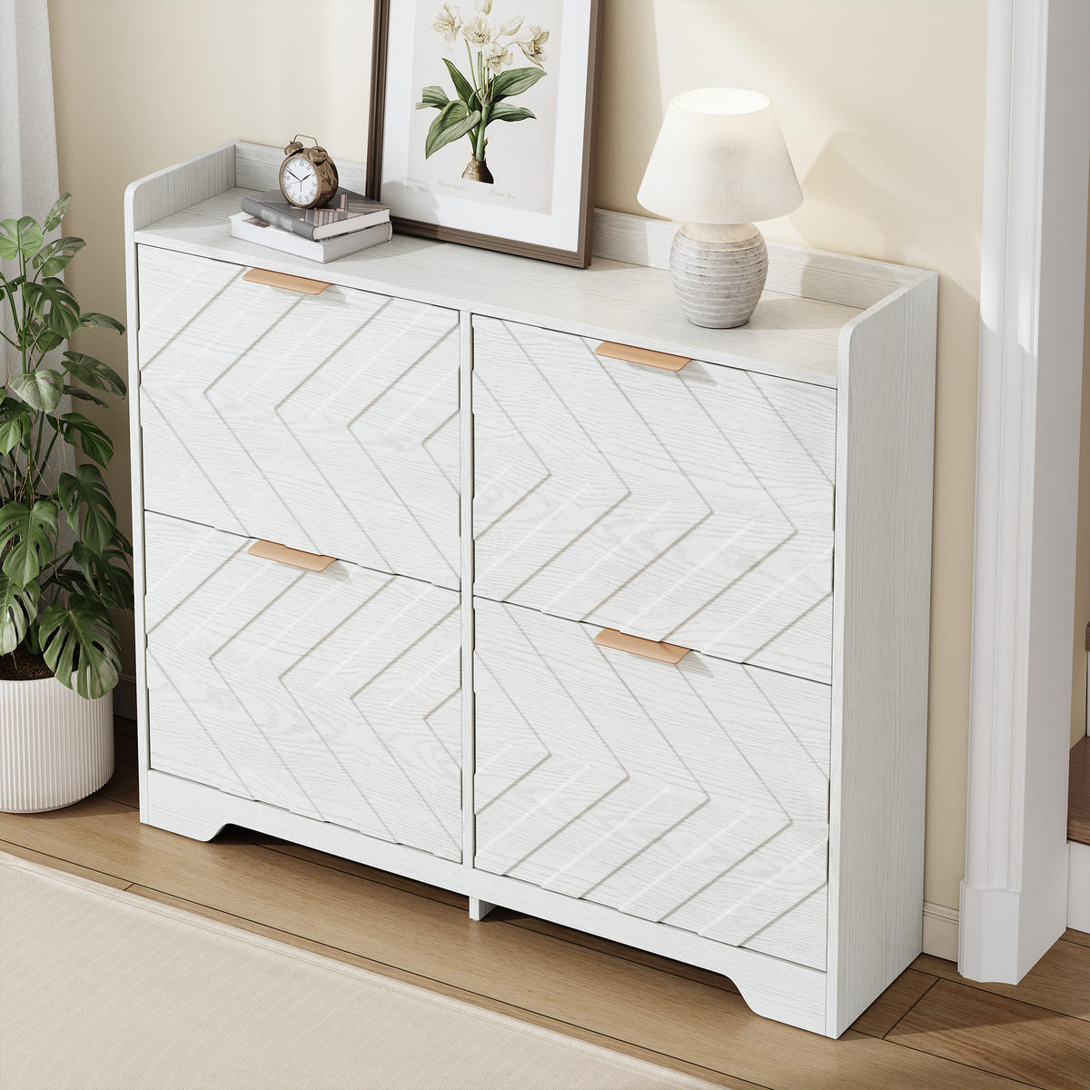 SCHUHSCHRANK 4 Klappen 3D Front mit Ablage - Weiß, Holz (105/90/24cm) - LEBENLANG