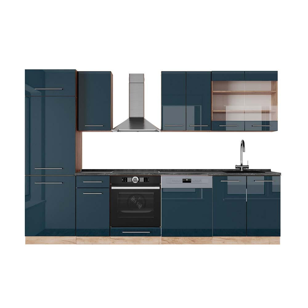 KÜCHENZEILE Fame-Line Dunkelblau Hochglanz/Goldkraft Eiche 300 cm , AP Anthrazit - Honigeiche/Dunkelblau, Holzwerkstoff (300/81.6/60cm) - Vicco