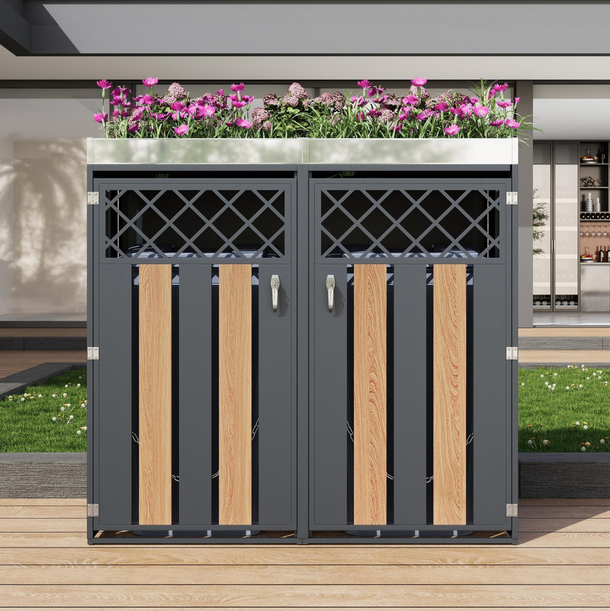 MÜLLTONNENBOX aus Stahl in Grau/Holzoptik mit Pflanzgefäß & Schloss - Grau, Metall (132/124.5/80cm) - Modfu