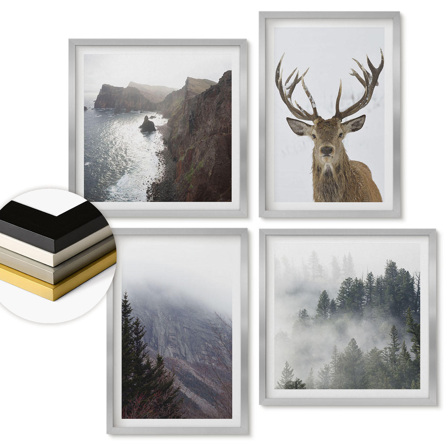 WANDBILDER 4er Set - 50x50 cm & 40x60 cm Silberner Rahmen - Berglandschaft Nebel Hirsch - Silberfarben, Kunststoff (50/50cm) - ArtPrintCave