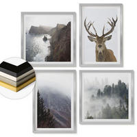 WANDBILDER 4er Set - 50x50 cm & 40x60 cm Silberner Rahmen - Berglandschaft Nebel Hirsch - Silberfarben, Kunststoff (50/50cm) - ArtPrintCave