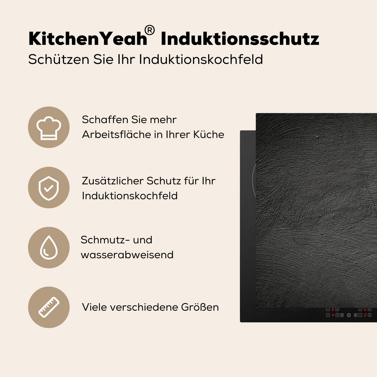HERDABDECKPLATTE Beton - Schwarz - Industriell Herdabdeckung Induktionsfeld 65x52 cm - Anthrazit, Kunststoff (65/52/0.2cm) - MuchoWow