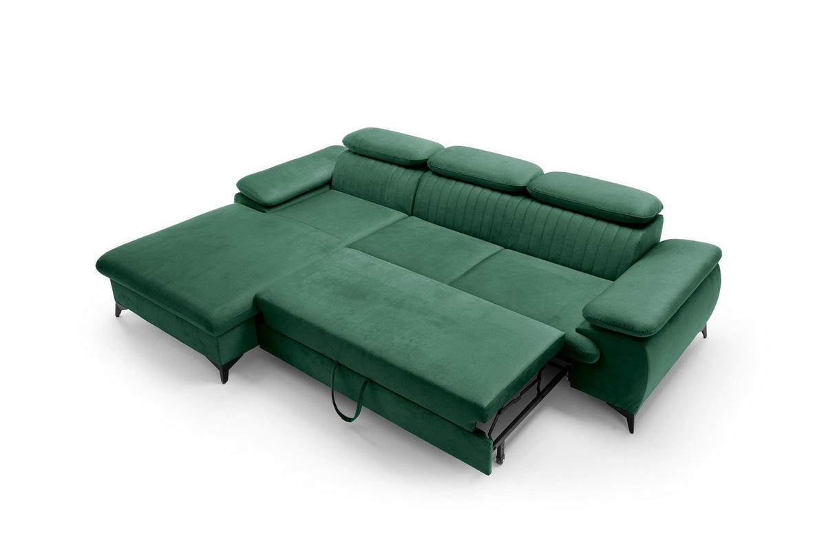 ECKSOFA FIORE Grün Velours-Stoff mit Schlaffunktion - Grün, Holz (280/193cm) - MASSENO
