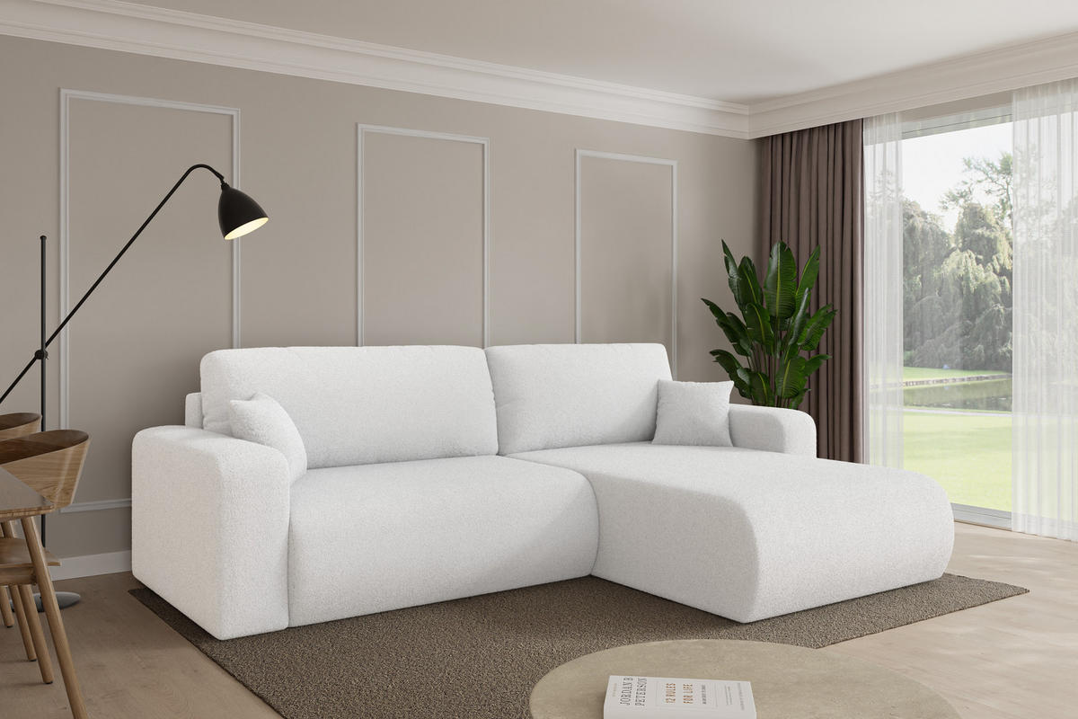 ROHOVÁ SEDAČKA s funkcí spaní, otoman vpravo BERY-L 276x193x88 bílá bouclé - bílá/černá, kompozitní dřevo/textil (276/193cm) - ALTDECOR