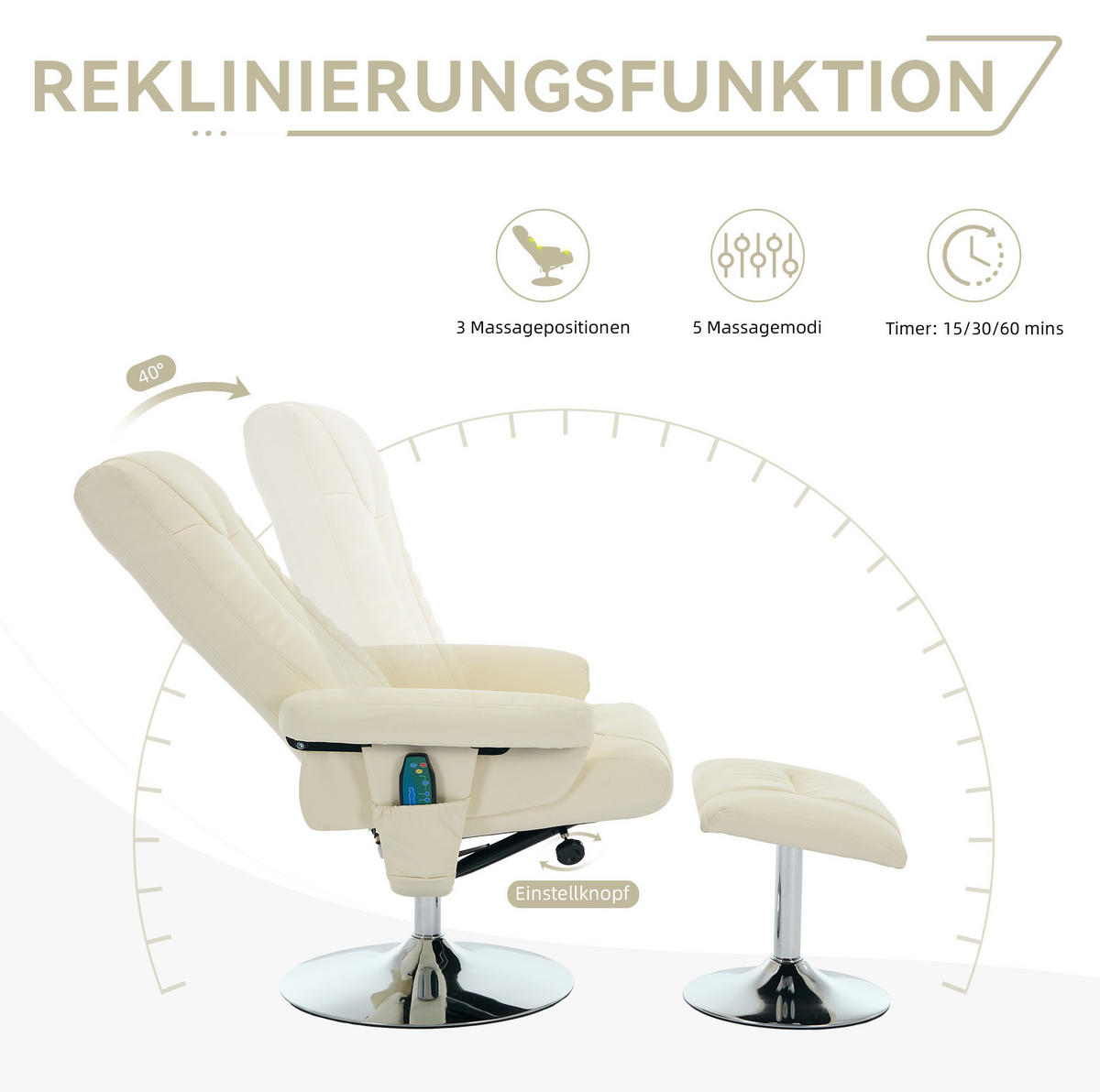 MASSAGESESSEL 76/75/103 cm mit Heizfunktion und 5-Punkt-Massage - Beige, Kunststoff (75/103/76cm) - BEAOK