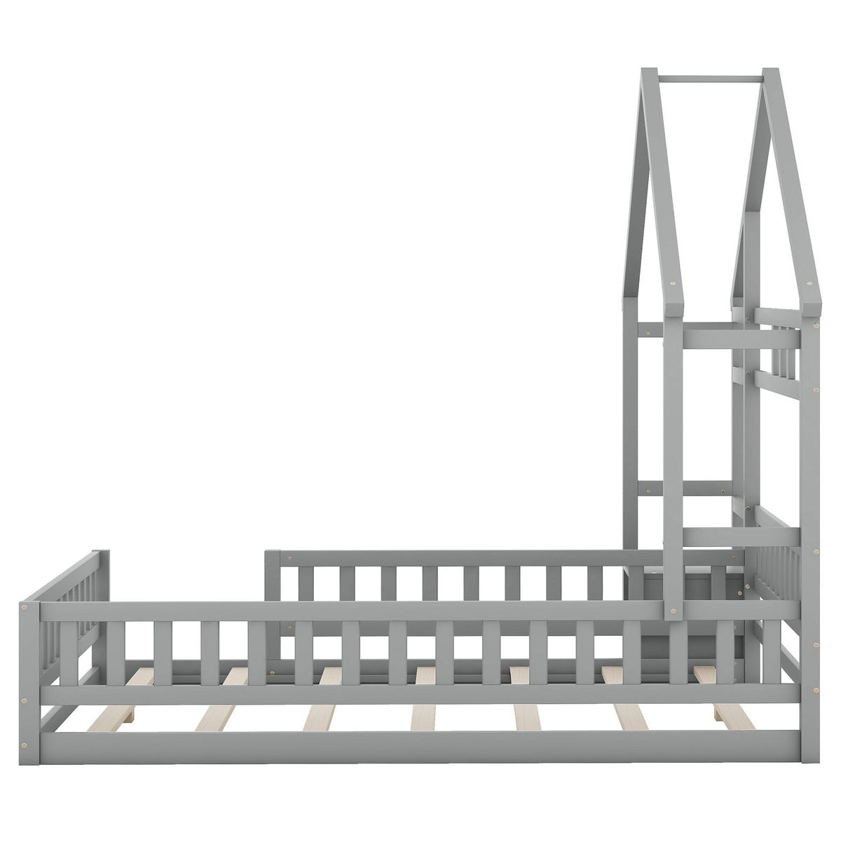 HAUSBETT 140/200 cm in Grau – aus Kiefernholz mit Geländer und Nachttisch - Grau, Holz (140/200cm) - BEAOK