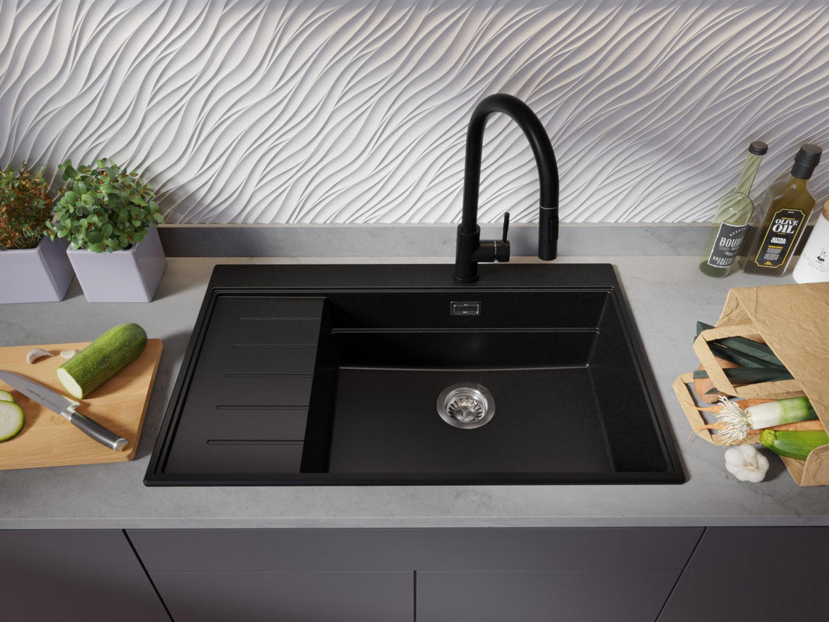 GRANITSPÜLE Sydney, 2-er set Alles Schwarz 78/50 cm 1 Becken + Küchenarmatur 32/20 cm + Ablauf-Set + Küchenzubehörset ab 60er Unterschrank - Schwarz, Kunststoff (78/20/50cm) - Primagran